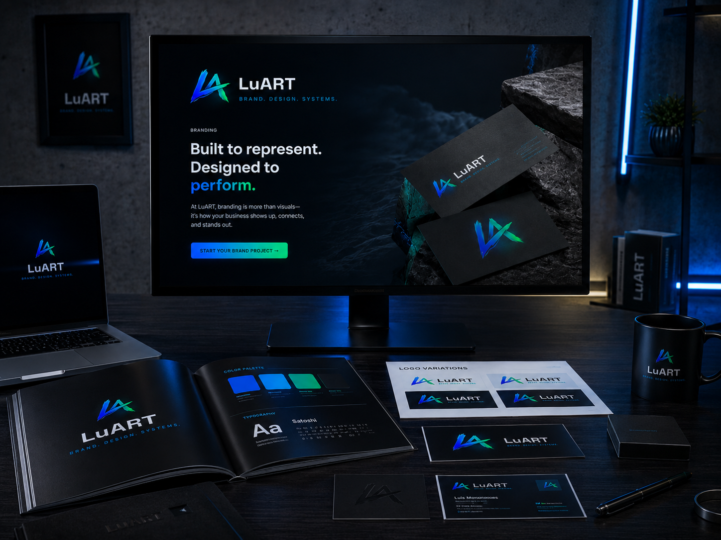 Cinematic LuART brand identity presentation with monitor, printed brand guide and business cards