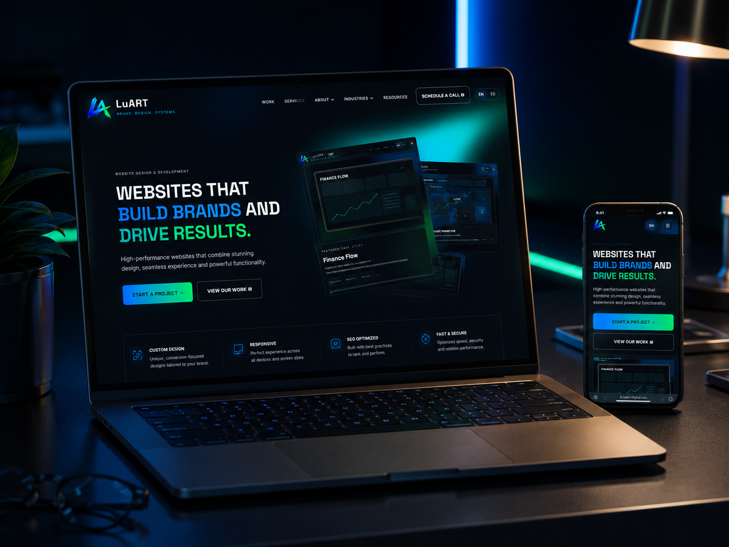 Premium LuART website concept displayed on a modern laptop and phone