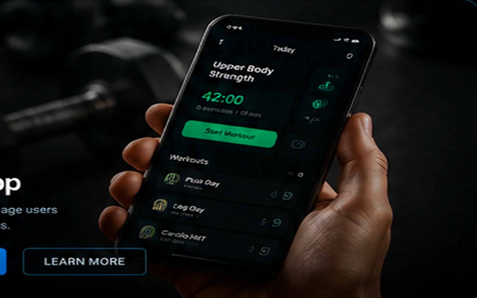 Premium fitness mobile app displayed on a smartphone with workout tracking