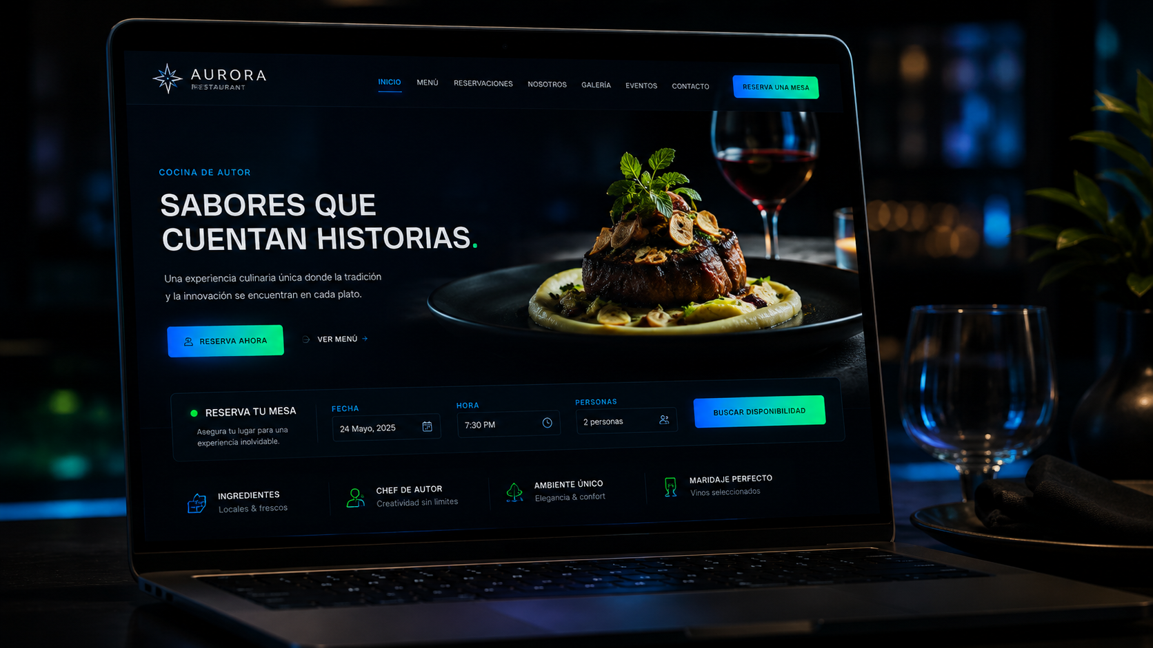 Premium restaurant website and reservation experience displayed on a cinematic laptop
